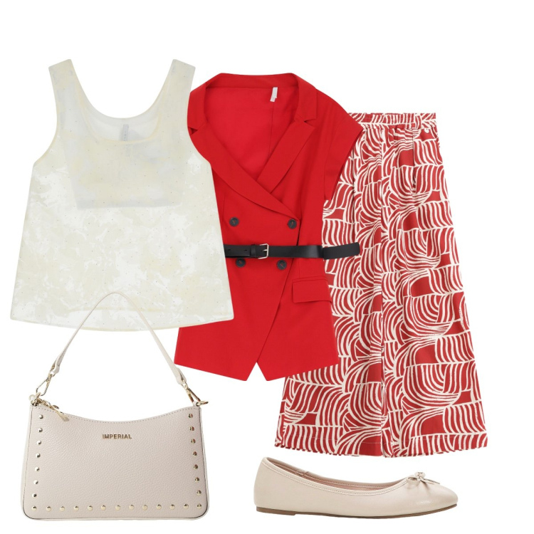 Outfit donna - Eleganza IMPERIAL. Stile Chic per Tutti i giorni. Abbinamento con ballerine, blazer, pantaloni, borse a spalla, top.