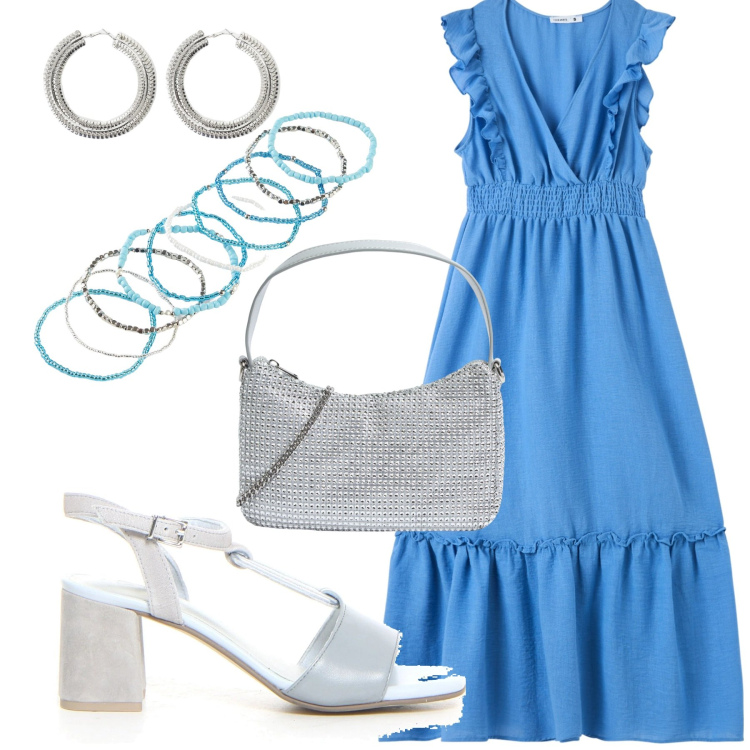 Outfit donna - Turchese in primo piano. Stile Glamour per Tutti i giorni. Abbinamento con braccialetti, vestiti lunghi, borse a tracolla, orecchini, sandali col tacco.