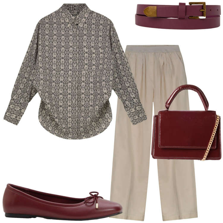 Outfit donna - Rientro in ufficio. Stile Casual chic per Ufficio. Abbinamento con ballerine, borse a tracolla, pantaloni, cinture, camicie.