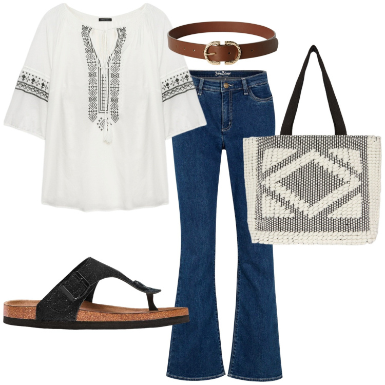 Outfit donna - Total look #2230586. Stile 70s per Tutti i giorni. Abbinamento con jeans bootcut, infradito, cinture, bluse, shopping bag.