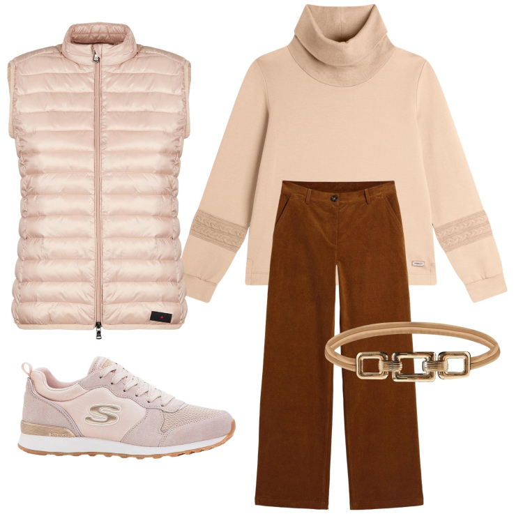 Outfit donna - Di sera a settembre. Stile Sporty chic per Tutti i giorni. Abbinamento con pantaloni, sneakers, cinture, felpe, piumini.