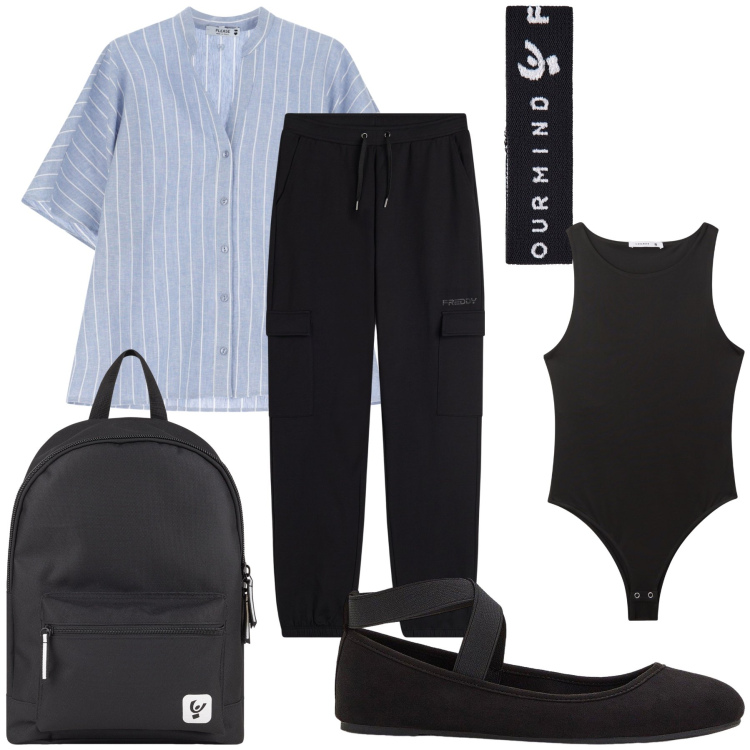 Outfit donna - Due giorni fuori. Stile Basic per Tutti i giorni. Abbinamento con ballerine, body, camicie a manica corta, pantaloni cargo, zaini, braccialetti.