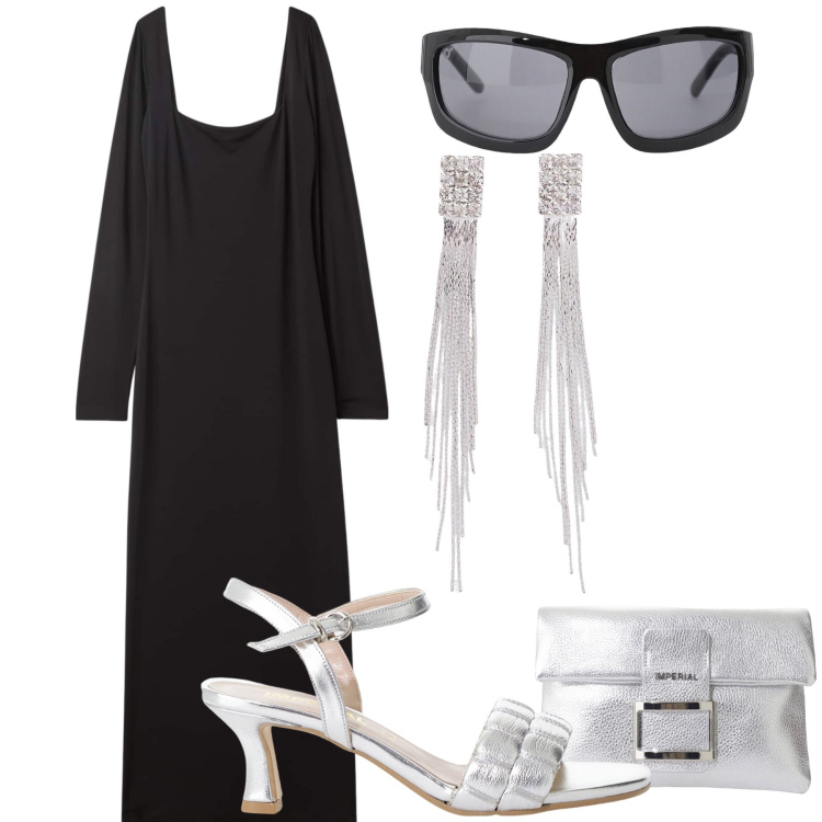 Outfit donna - Un poco diva. Stile Glamour per Serata fuori. Abbinamento con orecchini, vestiti lunghi, sandali col tacco, occhiali da sole, pochette.