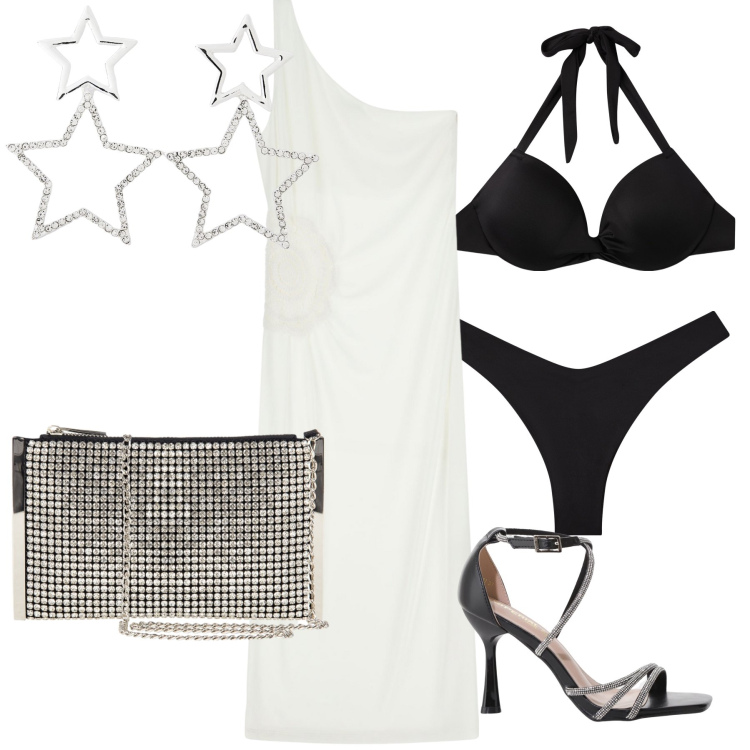 Outfit donna - Le notti d agosto. Stile Glamour per Mare. Abbinamento con orecchini, bikini, bikini, pochette, vestiti asimmetrici, sandali col tacco.