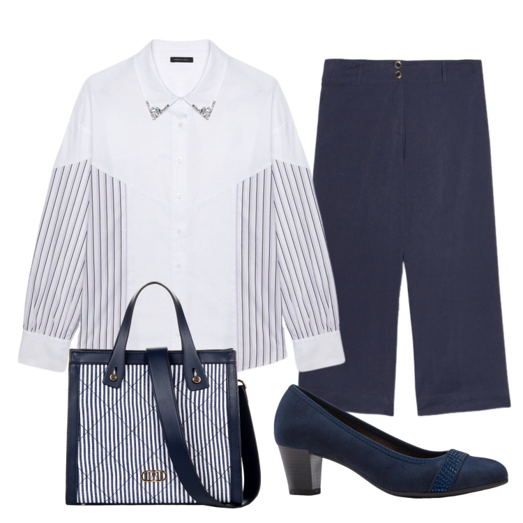 Outfit donna - Righe blu. Stile Casual per Tutti i giorni. Abbinamento con décolleté, shopping bag, camicie, pantaloni.