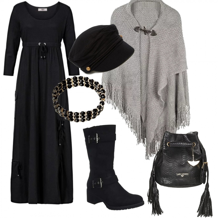 Outfit donna - Urban trendy. Stile Urban per Tutti i giorni. Abbinamento con vestiti lunghi, borsa nero, poncio con frange in in maglia, stivali nero, berretto, braccialetto.