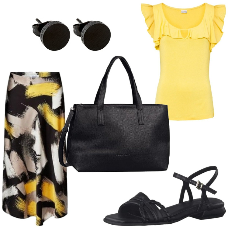 Outfit femme - Basique #4409. Style Basique pour Tous les jours. Assortir avec hauts, jupes au genou, boucles d'oreilles, sac cabas, sandales.