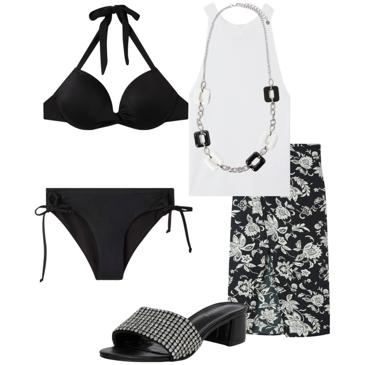Outfit donna - Ancora estate. Stile Casual per Mare. Abbinamento con vestiti da spiaggia, top, ciabatte, bikini, bikini, collane.