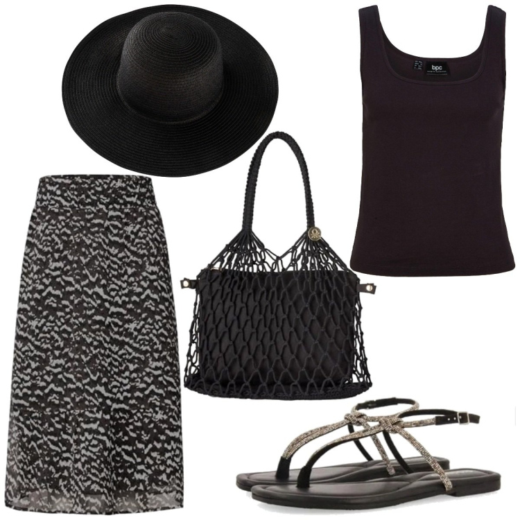 Outfit femme - Noir complet. Style Basique pour Tous les jours. Assortir avec chapeaux, hauts, sandales en cuir, jupes au genou, sac cabas.