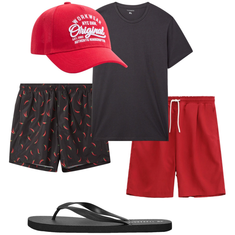 Outfit uomo - Estate in Calabria. Stile Casual per Mare. Abbinamento con cappelli, sandali, costumi, t-shirt, bermuda.