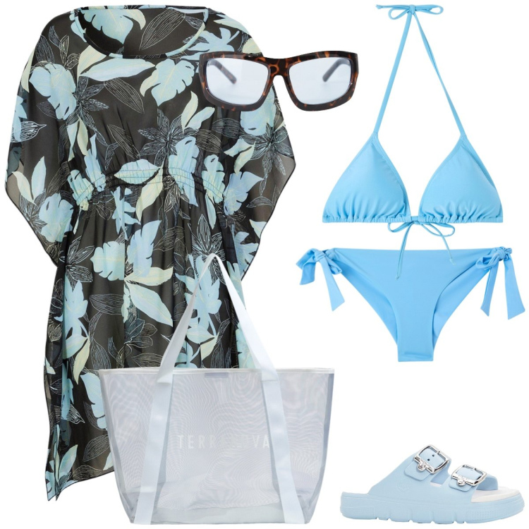 Outfit donna - In spiaggia. Stile Romantica per Mare. Abbinamento con vestiti da spiaggia, ciabatte, bikini, bikini, shopping bag, occhiali da sole.