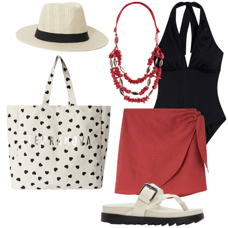 Outfit donna - La mia bag per il mare. Stile Trendy per Mare. Abbinamento con costumi interi, ciabatte, vestiti da spiaggia, borse tote, cappelli, collane.