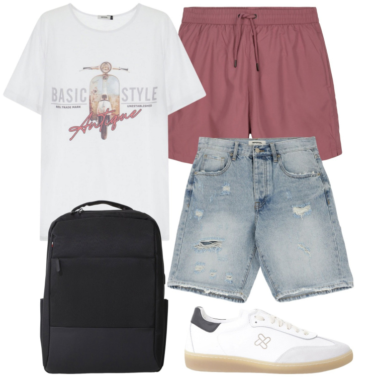 Outfit uomo - Basic ma in style. Stile Trendy per Mare. Abbinamento con sneakers, bermuda, t-shirt, borse sportive, costumi.