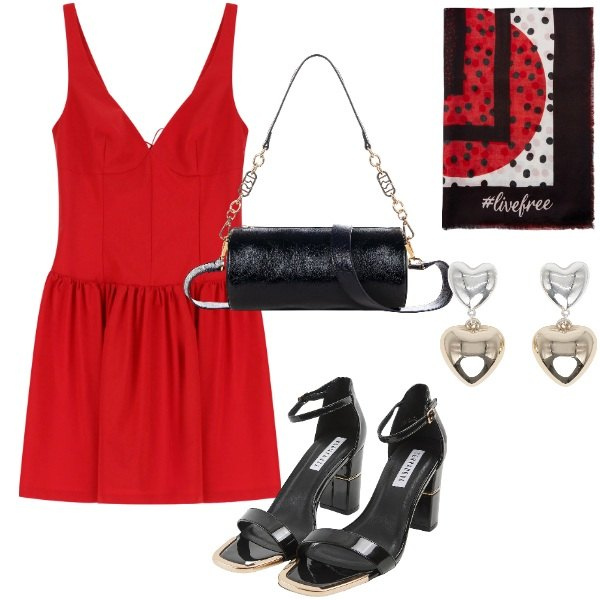 Outfit donna - Compleanno in villa. Stile Casual chic per Serata fuori. Abbinamento con sabot, orecchini, borse a mano, vestiti corti, foulard.