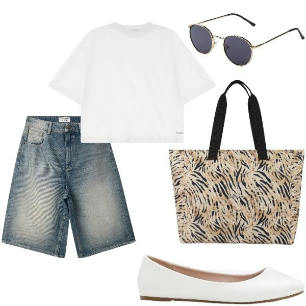 Outfit donna - Estate. Stile Casual per Tutti i giorni. Abbinamento con ballerine, occhiali da sole, bermuda, t-shirt, shopping bag.