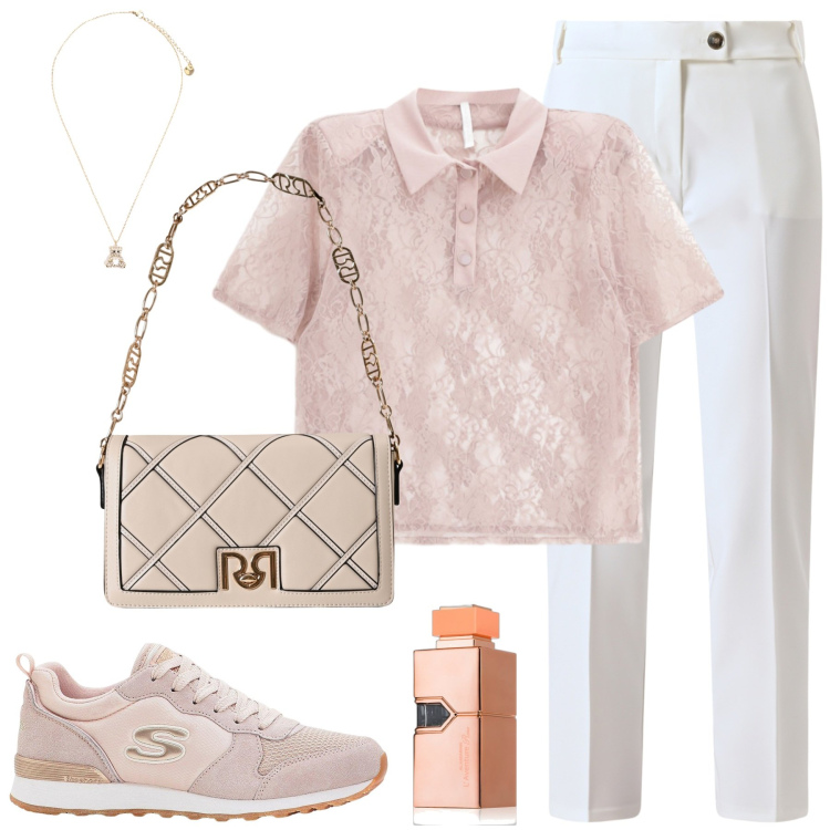Outfit donna - Casual in ufficio. Stile Casual per Ufficio. Abbinamento con sneakers, profumi, pantaloni, borse a tracolla, polo, ciondoli.