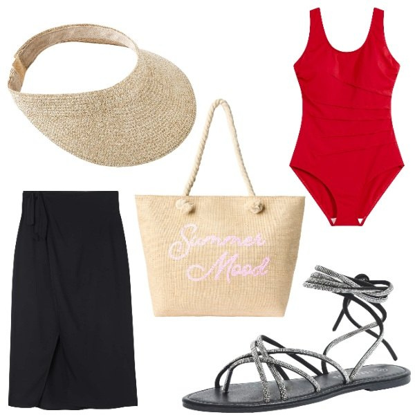 Outfit donna - Total look #2230645. Stile Casual chic per Mare. Abbinamento con costumi interi, cappelli con visiera, vestiti da spiaggia, sandali alla schiava, borse tote.