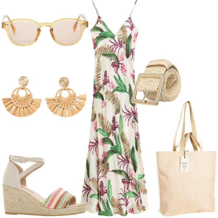 Outfit donna - Total look #2230646. Stile Etnico per Tutti i giorni. Abbinamento con orecchini, sandali, cinture, borse tote, vestiti lunghi, occhiali da sole.