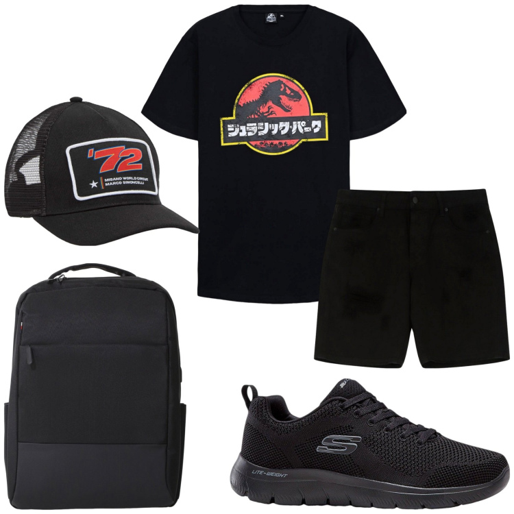Outfit uomo - Total look #2230649. Stile Biker Rock per Sport. Abbinamento con sneakers, cappelli, t-shirt, bermuda, borse sportive.