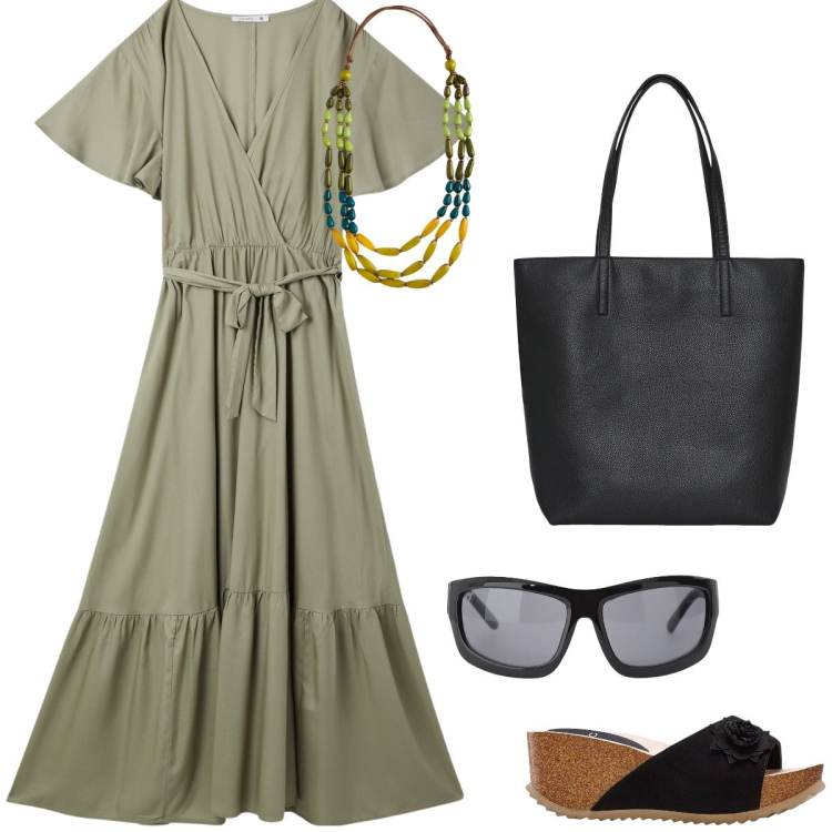 Outfit donna - Estate in citta. Stile Casual per Tutti i giorni. Abbinamento con sandali, vestiti lunghi, borse tote, occhiali da sole, collane.