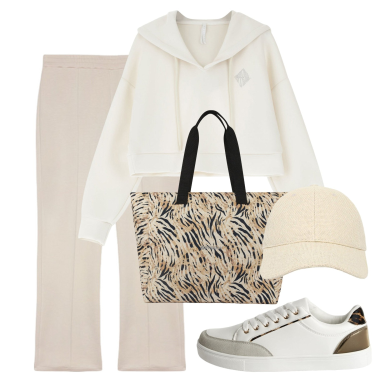 Outfit donna - Quattro passi. Stile Casual per Tutti i giorni. Abbinamento con cappelli con visiera, sneakers, felpe con cappuccio, shopping bag, pantaloni.