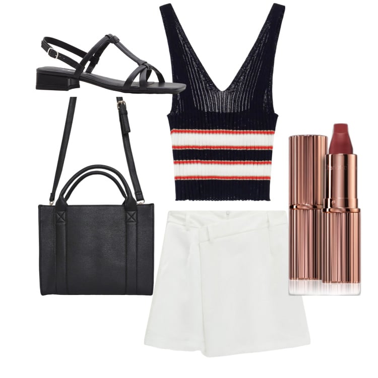 Outfit donna - Ancora estate. Stile Bon Ton per Tutti i giorni. Abbinamento con sandali col tacco, rossetti, borse tote, top, minigonne.
