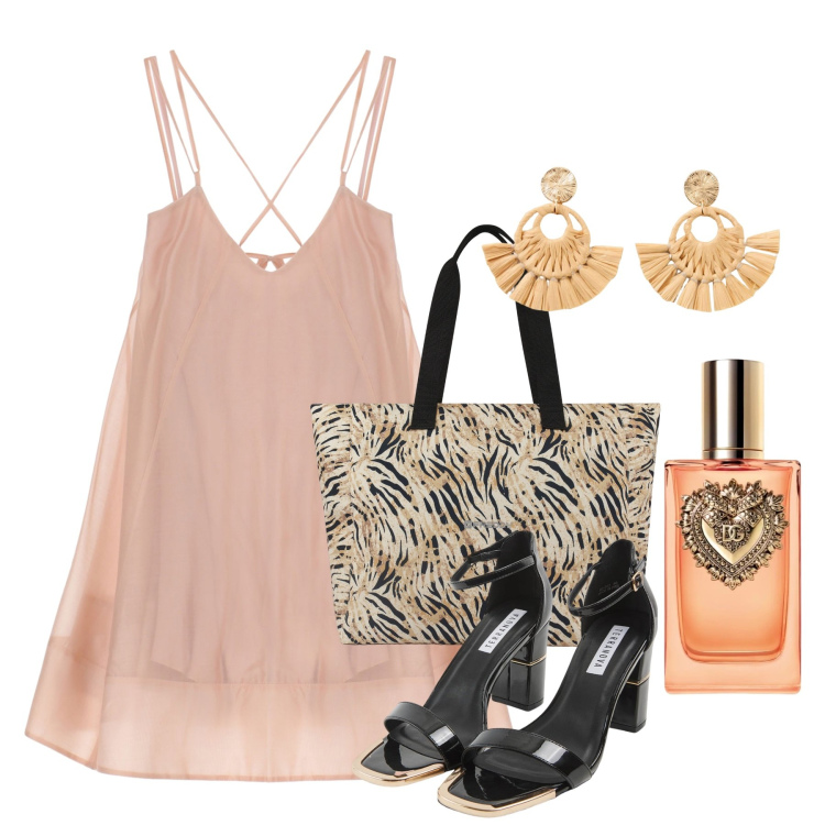 Outfit donna - Agosto. Stile Chic per Serata fuori. Abbinamento con orecchini, profumi, sabot, vestiti corti, shopping bag.