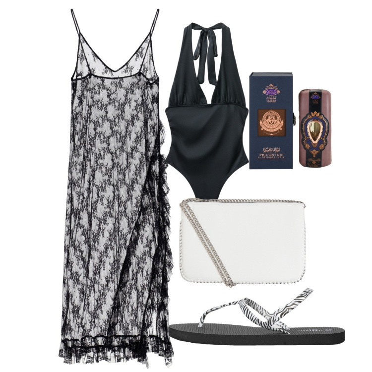 Outfit donna - Agosto. Stile Chic per Serata fuori. Abbinamento con profumi, body, borse a tracolla, sandali, vestiti midi/longuette.
