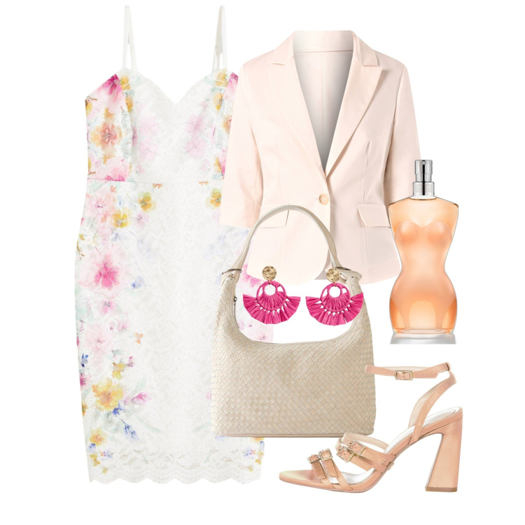 Outfit donna - Tubino florage. Stile Chic per Cerimonia. Abbinamento con vestiti, orecchini, shopping bag, profumi, sandali col tacco, blazer.