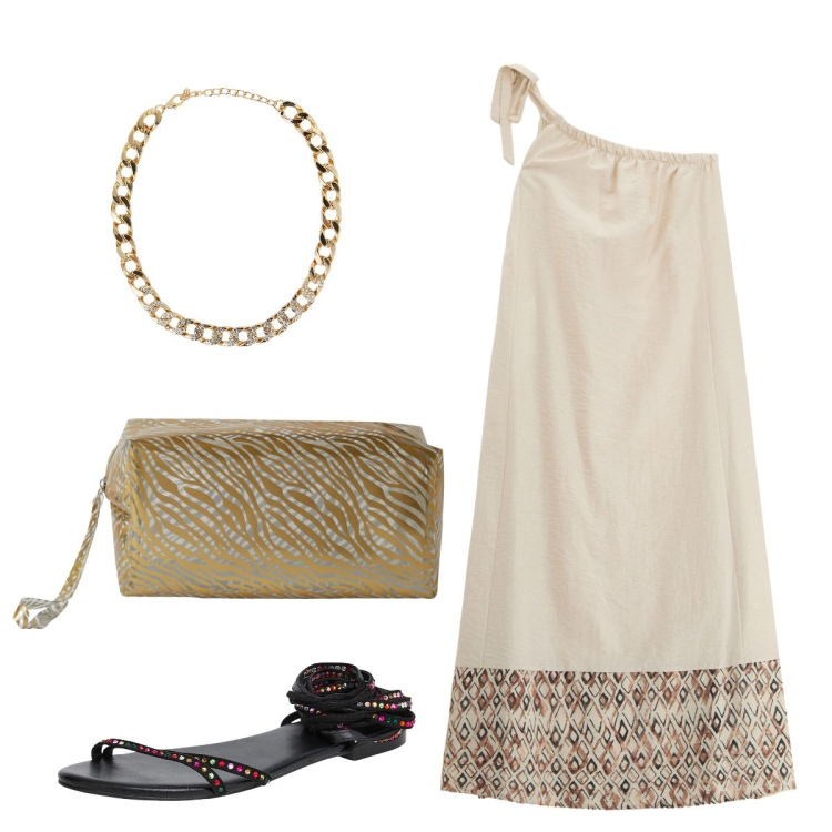 Outfit donna - Un tocco di originalità e femminilità. Stile Glamour per Serata fuori. Abbinamento con sandali alla schiava, collane, pochette, vestiti lunghi.