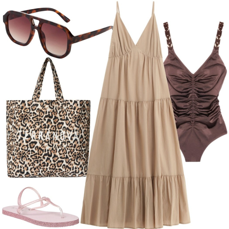 Outfit donna - Borsa per il mare. Stile Casual chic per Mare. Abbinamento con occhiali da sole, sandali, borse tote, vestiti lunghi, costumi interi.