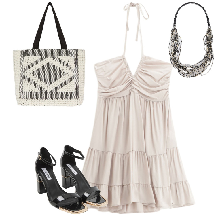 Outfit donna - Al mare. Stile Casual chic per Mare. Abbinamento con sabot, vestiti corti, collane, shopping bag.