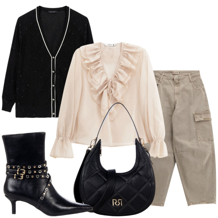Outfit donna - Pantalone cargo e camicia. Stile Trendy per Tutti i giorni. Abbinamento con borse a tracolla, stivaletti, pantaloni chino, camicie, cardigans.