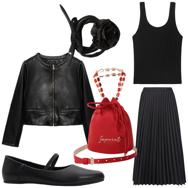 Outfit donna - Una rosa rock. Stile Rock per Serata fuori. Abbinamento con ballerine, collane, borse a secchiello, blazer, gonne longuette, canottiere.