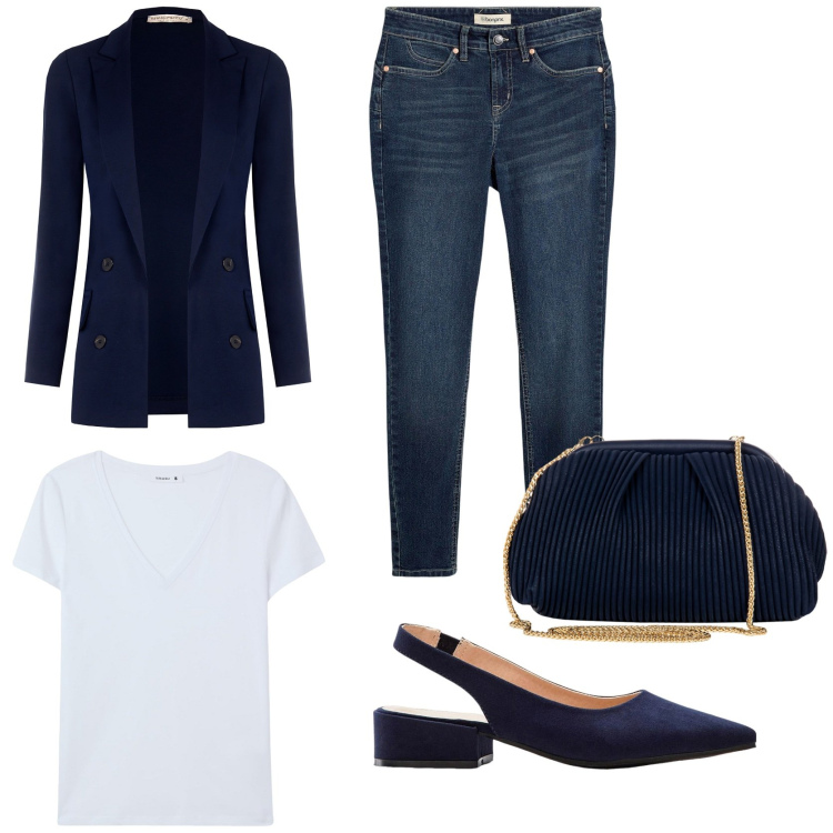 Outfit donna - Look parigino. Stile Casual chic per Tutti i giorni. Abbinamento con jeans skinny, décolleté, t-shirt, pochette, blazer.
