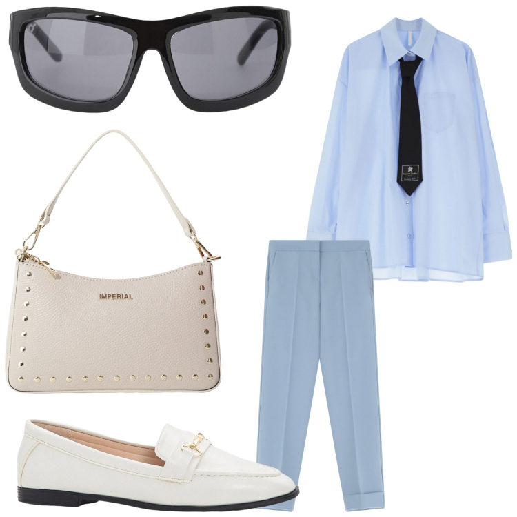 Outfit donna - Mannish girl. Stile Mannish per Ufficio. Abbinamento con mocassini, pantaloni, occhiali da sole, camicie, borse a spalla.