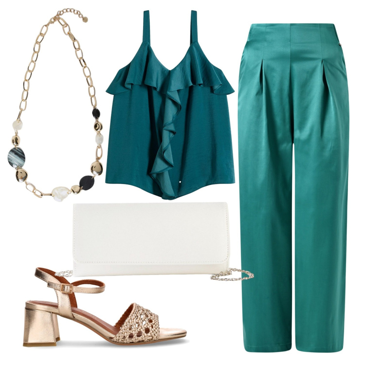 Outfit donna - Turchese ad agosto. Stile Chic per Cerimonia. Abbinamento con top, pochette, pantaloni, collane, sandali col tacco.