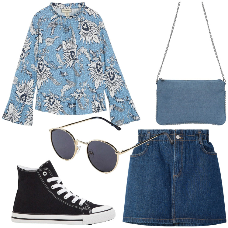Outfit donna - Anni \' 70. Stile 70s per Tutti i giorni. Abbinamento con sneakers alte, occhiali da sole, bluse, borse a tracolla, minigonne.