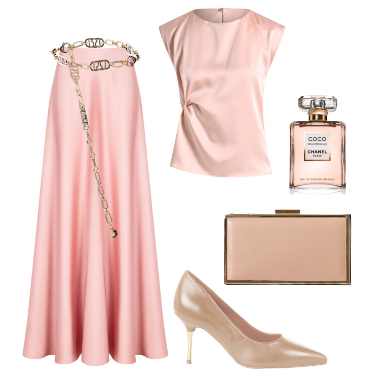 Outfit donna - Cerimonia di fine estate. Stile Chic per Cerimonia. Abbinamento con profumi, décolleté, pochette, gonne, top, cinture.
