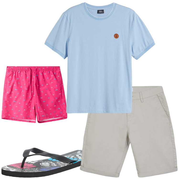 Outfit uomo - Total look #2230720. Stile Casual per Mare. Abbinamento con t-shirt, sandali, bermuda, costumi.