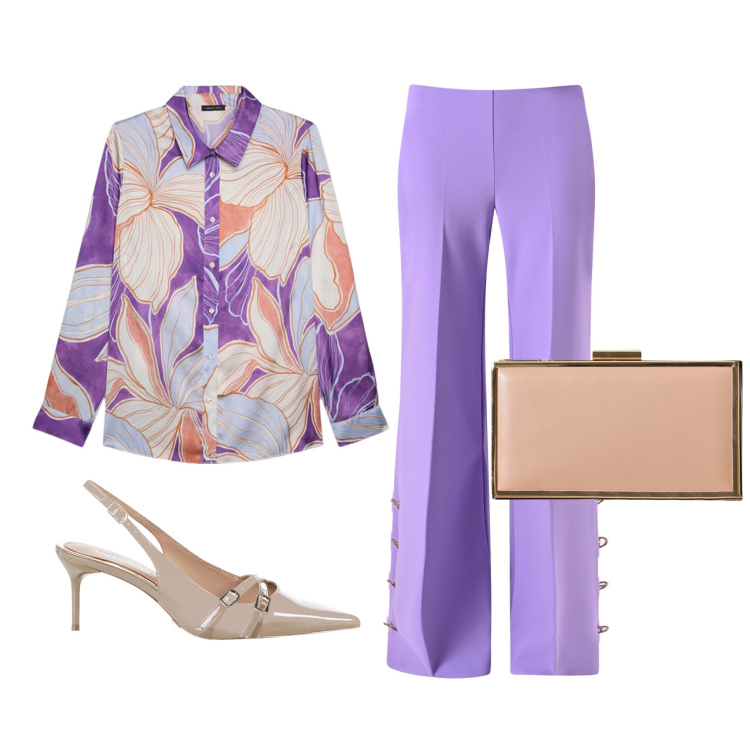 Outfit donna - Pantaloni Lilla. Stile Chic per Serata fuori. Abbinamento con pochette, décolleté, pantaloni a palazzo, camicie.