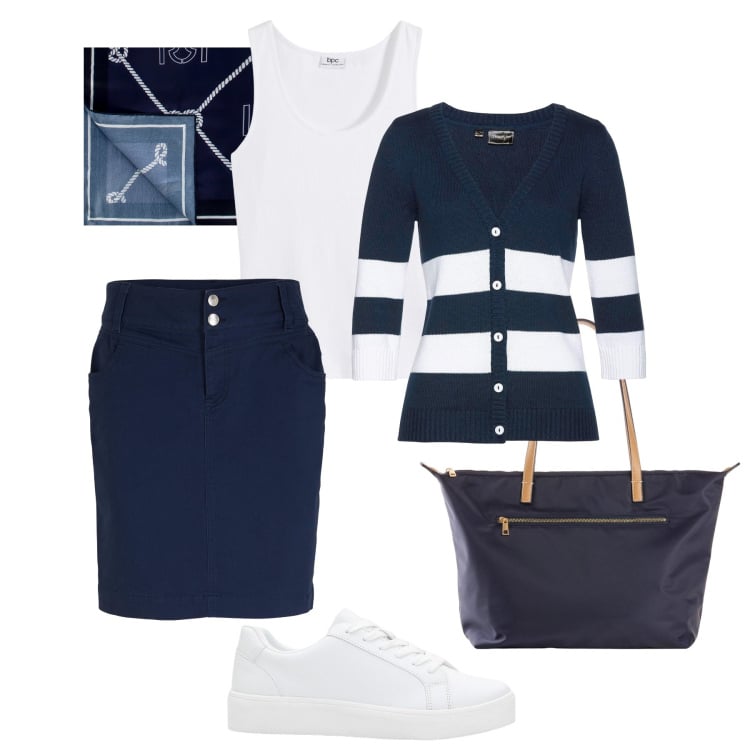 Outfit donna - Rientro in città easy look. Stile Trendy per Tutti i giorni. Abbinamento con minigonne, cardigans, top, shopping bag, sneakers, foulard.