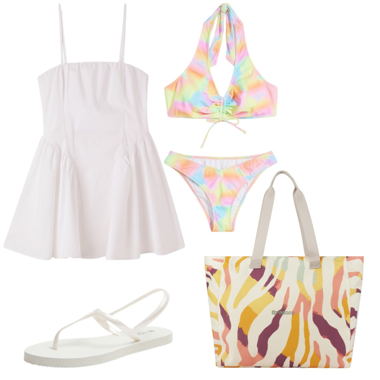 Outfit donna - Total look #2230735. Stile Casual per Mare. Abbinamento con bikini, vestiti corti, sandali, shopping bag.