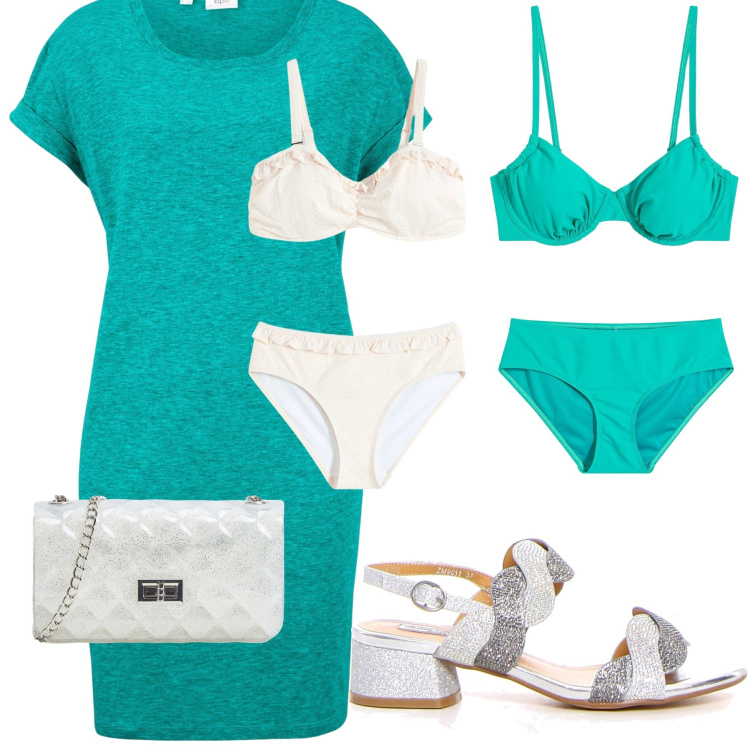 Outfit donna - Bagno a mezzanotte. Stile Chic per Serata fuori. Abbinamento con bikini, vestiti, bikini, borse a tracolla, sandali col tacco.