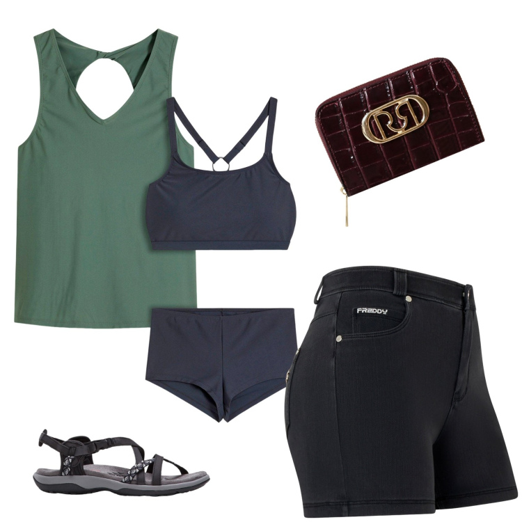 Outfit donna - Total look #2230743. Stile Casual per Mare. Abbinamento con sandali, costumi interi, portafogli, shorts.
