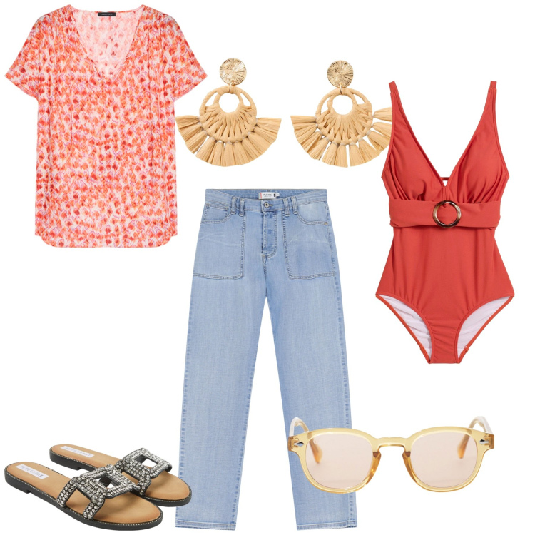 Outfit donna - Costume chic. Stile Chic per Mare. Abbinamento con costumi interi, orecchini, ciabatte, jeans dritti, occhiali da sole, bluse.