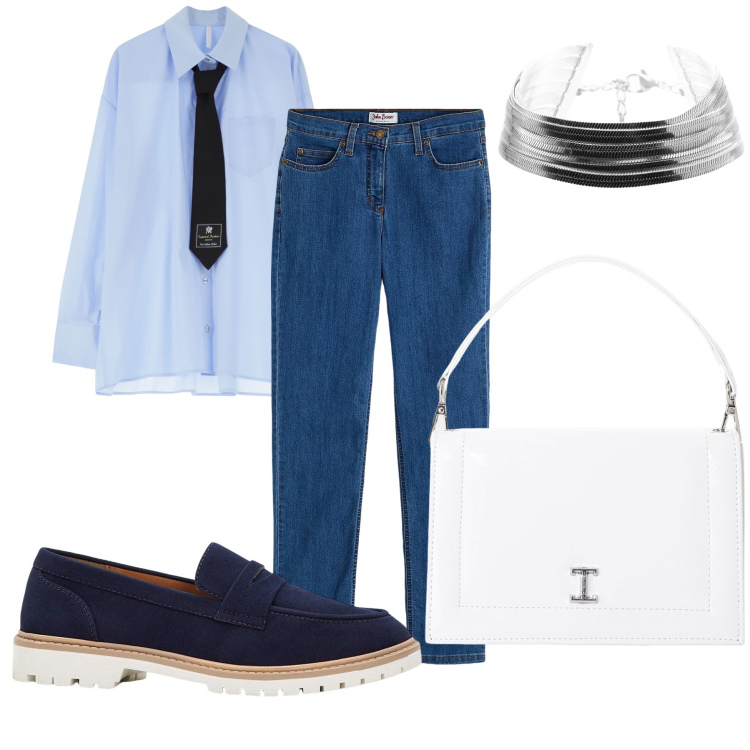 Outfit donna - Back to work con la cravatta. Stile Trendy per Ufficio. Abbinamento con jeans dritti, mocassini, borse a tracolla, camicie, braccialetti.