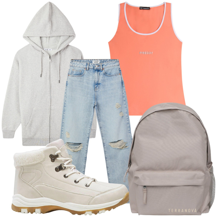 Outfit donna - Aranciata in baita. Stile Casual per Tutti i giorni. Abbinamento con stivaletti, jeans strappati, zaini, felpe con cappuccio, canottiere.