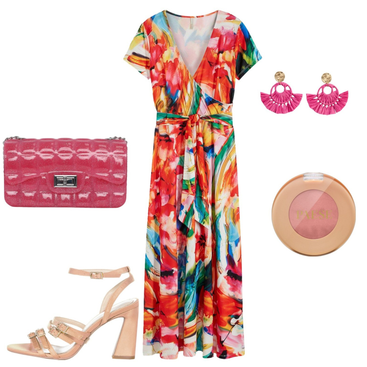 Outfit donna - Gusto tropicale. Stile 70s per Serata fuori. Abbinamento con orecchini, vestiti lunghi, blush, borse a tracolla, sandali col tacco.