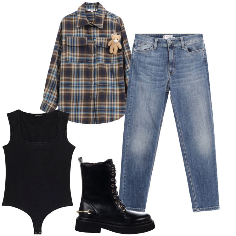 Outfit donna - L orsetto di montagna. Stile Basic per Tutti i giorni. Abbinamento con anfibi, camicie, jeans skinny, body.